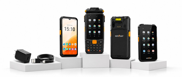 Linha de coletores de dados MovFast Ranger com modelos touch em dois tamanhos, modelo com teclado numérico, vista traseira, fonte e cabo USB-C