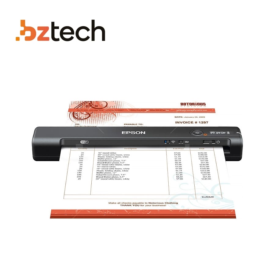 Scanner Epson WorkForce ES-60W 600 DPI Portátil Com ADF | Bz Tech